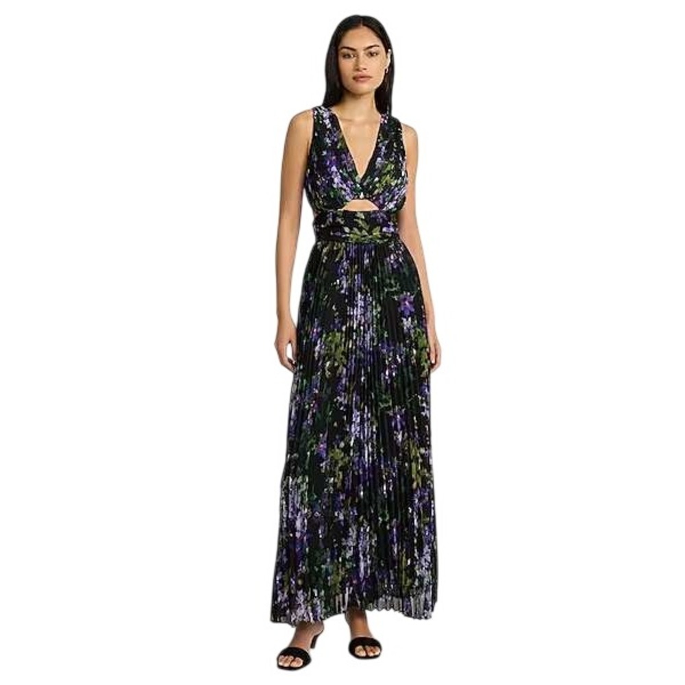 Express Floral Pleated V-Neck Sleeveless Cutout Maxi Dress Black XL Chic Wedding